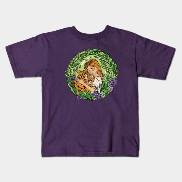 Embracing My Inner Tiger (bright green&purple) Kids T-Shirt by Sasha Makarenko